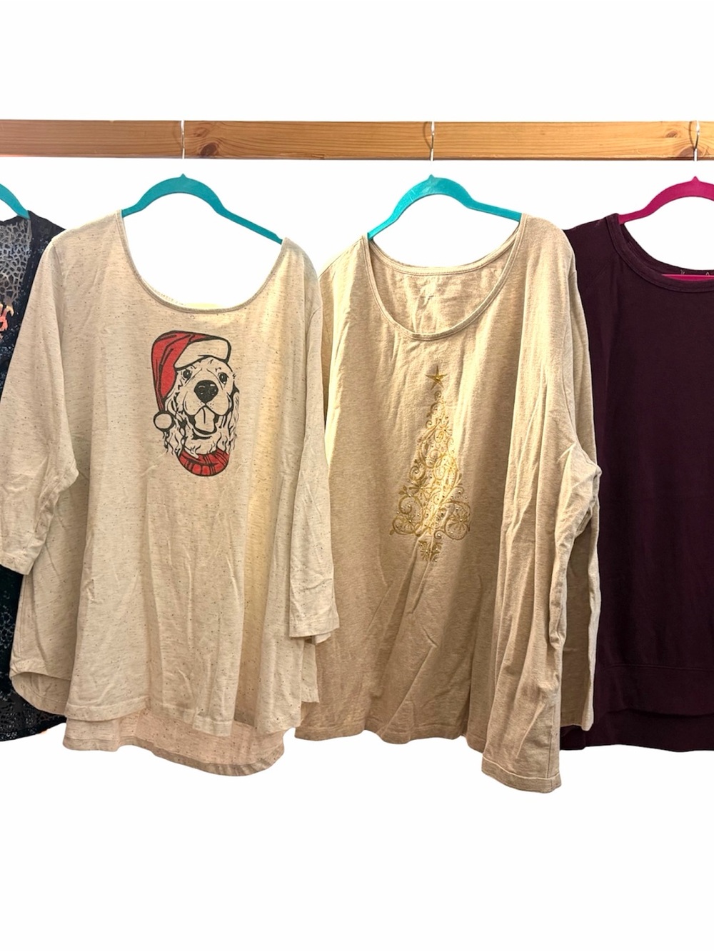 4/$10.  Beige Holiday Long Sleeve Tops- Dog and Tree. Longsleeve plum and blue